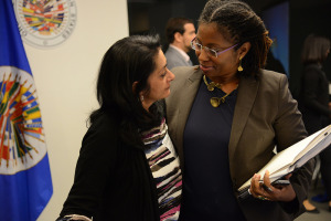 Commissioner Tracy Robinson and petitioner Jessica Lenahan following a hearing in her case.Credit: IA
