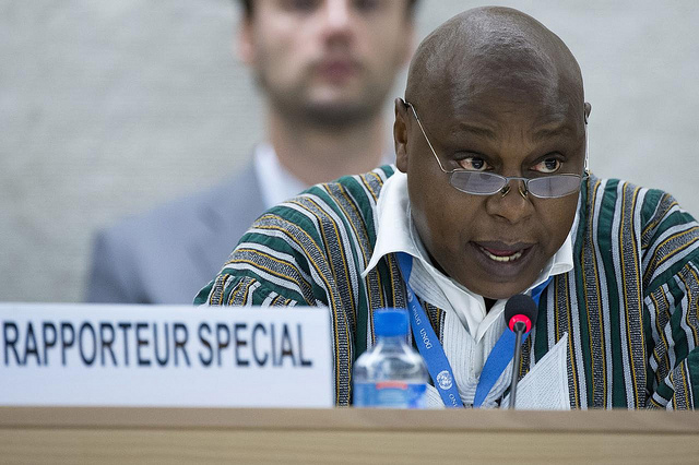 Maina Kiai, Special Rapporteur on the right to freedom of peacful assembly and of association addresses the Human Rights Council. Credit: UN Geneva/Jean-Marc Ferré