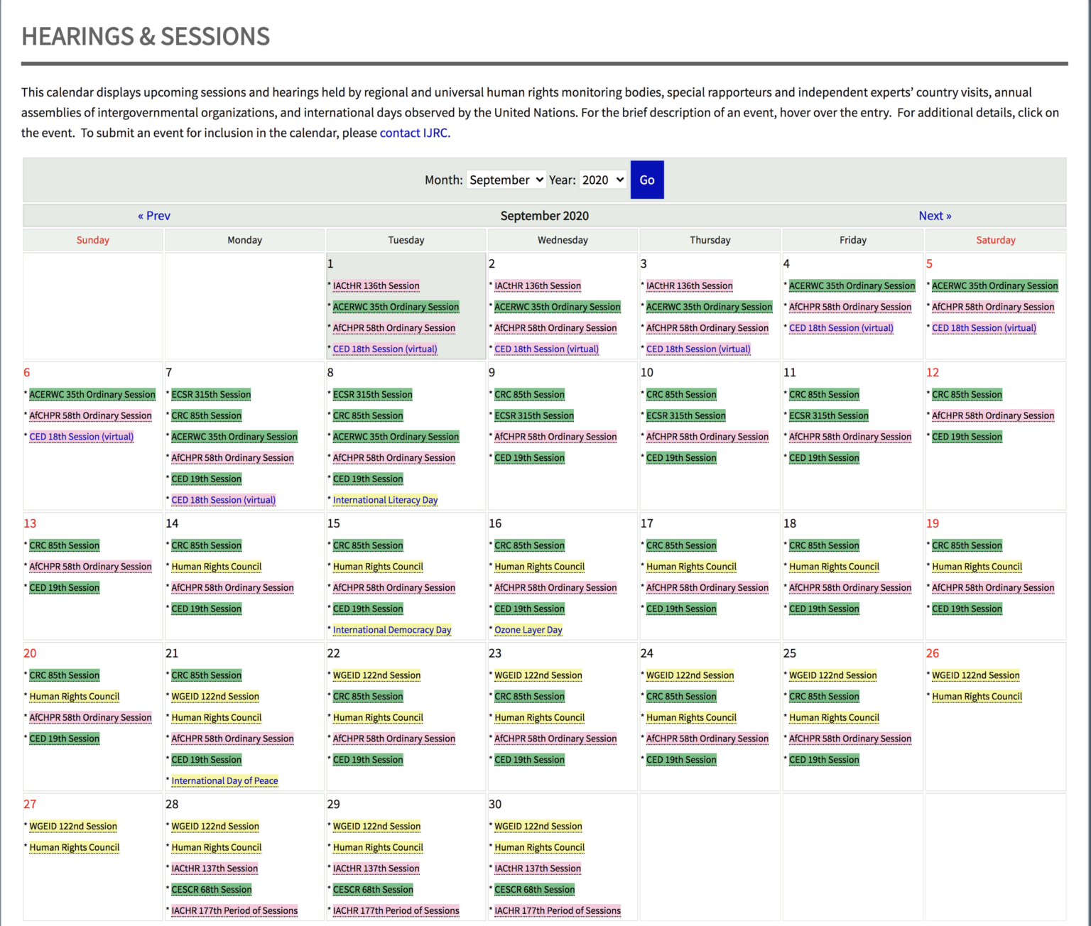 Human Rights Bodies’ Sessions & Hearings: September 2020 ...