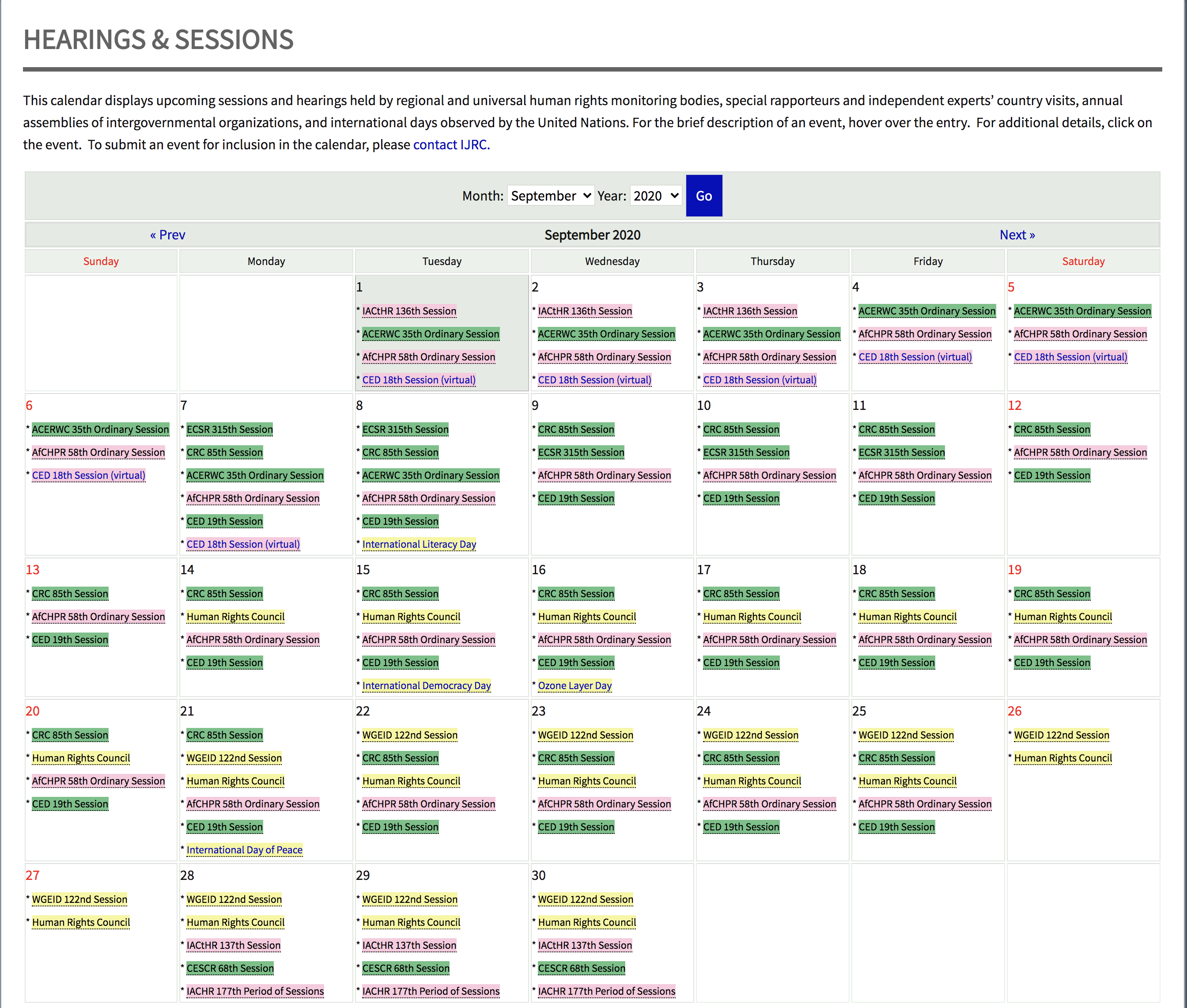 Calendar of human rights bodies' sessions